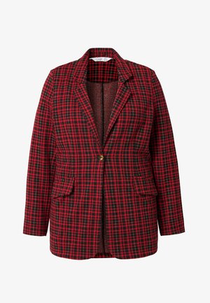 Rood en zwart geruit blazer met een gesneden kraag, twee voorzakken en een enkele gouden knoopsluiting. Textuurstof met een gestructureerde pasvorm.