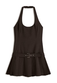Rochie călduță, cu bretele halter, cu un decolteu pătrat, un corset ajustat și o fustă pliată. Prezintă o curea cu o cataramă rectangulară.