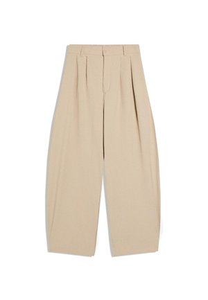 Beige hoge taille wijde broek met plooien, riemlussen, knoopsluiting en een verborgen ritssluiting aan de voorkant.