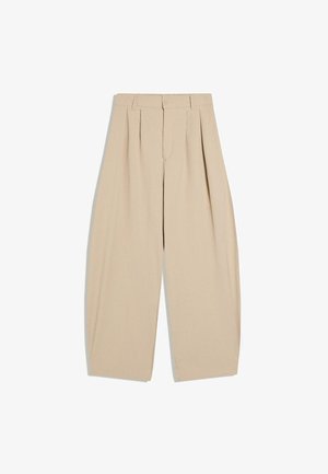 Pantaloni beige a gamba larga con vita alta, pieghe, passanti per cintura, chiusura con bottone e zip frontale nascosta.