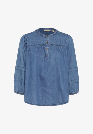 Niebieska bluzka dżinsowa z okrągłym dekoltem, zapięciem na guziki i rękawami o długości trzech ćwiartek z falbanami na mankietach. Gładka faktura.