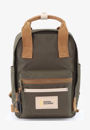 Olive green backpack made of durable fabric, featuring tan accents, a front zip pocket, and a National Geographic logo on a beige patch.