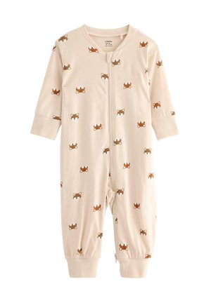 Beige katoenen onesie met een ritssluiting aan de voorkant, met een patroon van kleine, kleurrijke hondengezichten en pretzels. Lange mouwen en elastische manchet.