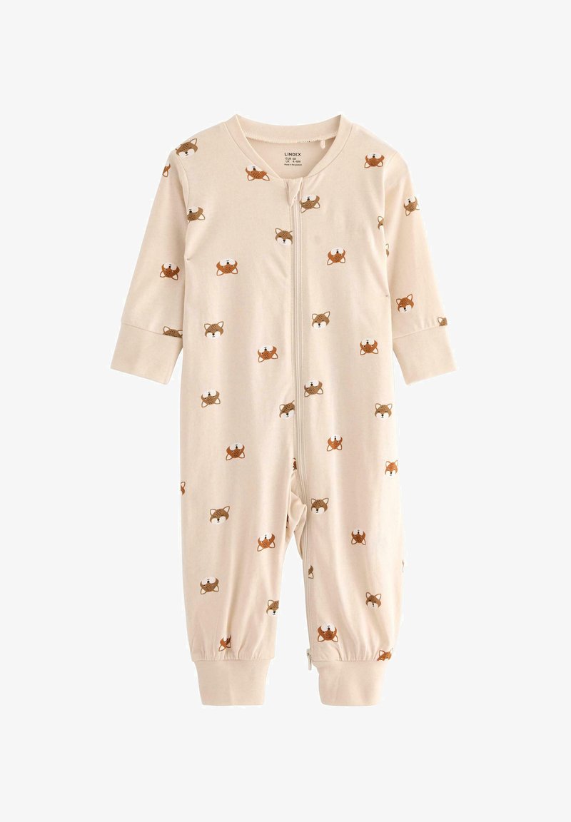 Tutina in cotone beige con zip frontale, decorata con un motivo di piccoli volti di cane colorati e pretzel. Maniche lunghe e polsini elasticizzati.