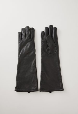 Guanti in pelle nera con una texture liscia, dotati di polsini lunghi, design a cinque dita e cuciture decorative bianche lungo le cuciture.