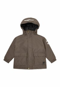 Braune isolierte Jacke mit Kapuze, elastischen Bündchen, zwei frontalen Taschen und einem schwarzen Innenfutter. Verfügt über einen reflektierenden Streifen an der Kapuze.