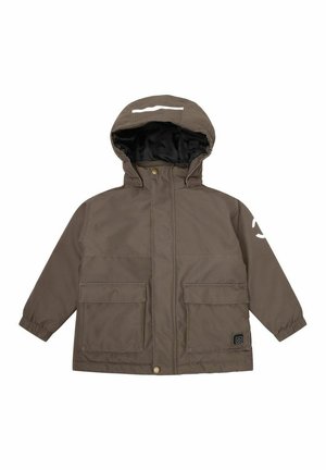 Braune isolierte Jacke mit Kapuze, elastischen Bündchen, zwei frontalen Taschen und einem schwarzen Innenfutter. Verfügt über einen reflektierenden Streifen an der Kapuze.