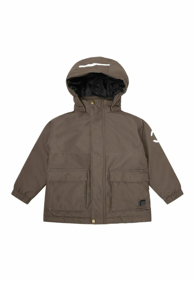 Braune isolierte Jacke mit Kapuze, elastischen Bündchen, zwei frontalen Taschen und einem schwarzen Innenfutter. Verfügt über einen reflektierenden Streifen an der Kapuze.