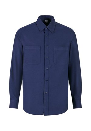 Tamno plava košulja dugih rukava s dugmadi, s dva džepa na prsima i klasičnim ovratnikom. Izrađena od glatkog materijala s jednoličnom teksturom.