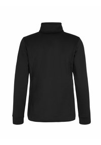 Schwarzer Pullover mit hohem Kragen, langen Ärmeln und einer glatten Textur. Keine sichtbaren Logos oder Muster; sauberes, einfaches Design.