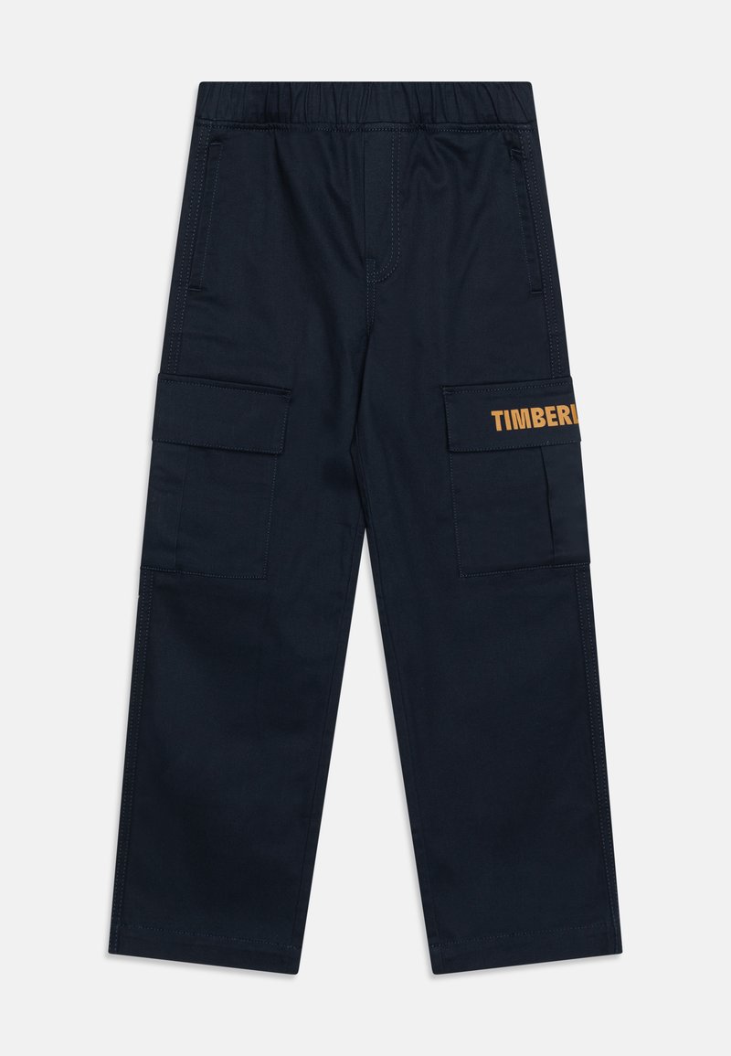Calças de carga azul-marinho com cintura elástica, dois bolsos laterais e texto laranja "TIMBERLAND" na perna esquerda.