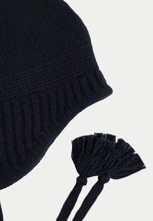 Black knitted winter hat with ear flaps and braided tassels ending in fringed pom-poms on a white background.