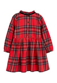 Robe à carreaux rouges avec des manches longues, taille froncée, col volanté et accents de boutons noirs. Présente un motif tartan classique.