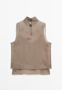 Mouwloze beige doorschijnende blouse met hoge kraag, knoopsluiting aan de achterkant en gelaagde zoomdetail.