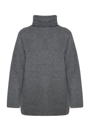 Grey knitted turtleneck sweater with a relaxed fit, featuring ribbed texture and structured seams. Long sleeves and a straight hem.