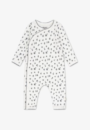 Biele body s dlhým rukávom so sivým kvetinovým vzorom, zapínanie na cvočky na boku, vlnitý lem a žíhaná textúra. Mäkká, priedušná látka.