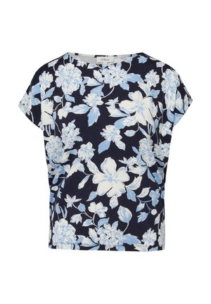 Marineblauwe blouse met korte mouwen, lichtblauwe en witte bloemenprint en een ronde hals.