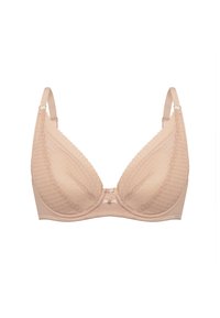 Beżowy stanik z teksturowanym wzorem w kropki, z fiszbinami i regulowanymi ramiączkami. Gładki materiał z koronkowymi akcentami.