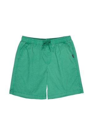 Zielone, casualowe szorty męskie z elastyczną talią i sznurkiem, posiadające boczne kieszenie oraz małą naszywkę z logo na prawej kieszeni.