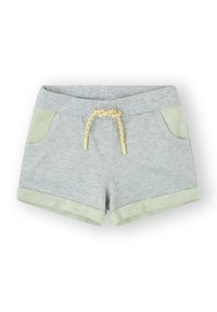 Pantalones cortos grises con acentos en verde claro, que cuentan con una cinturilla texturizada y bolsillos, y un cordón de ajuste con un diseño estampado.