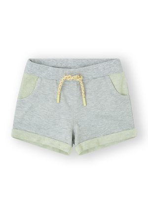Pantalones cortos grises con acentos en verde claro, que cuentan con una cinturilla texturizada y bolsillos, y un cordón de ajuste con un diseño estampado.
