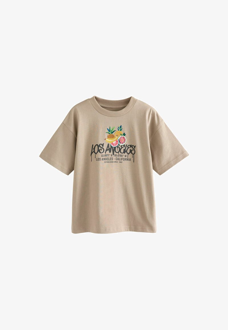 Beige katoenen t-shirt met een ronde hals, korte mouwen en een grafische print met bloemen en de tekst "Los Angeles" in het zwart.