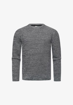Grau gestrickter Pullover mit langen Ärmeln, Rundhalsausschnitt, strukturiertem Muster und einer leicht lockeren Passform. Der Stoff wirkt weich und warm.