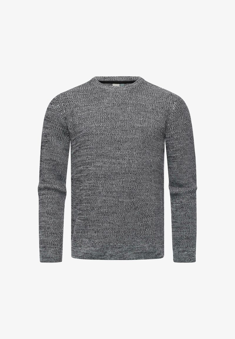 Grau gestrickter Pullover mit langen Ärmeln, Rundhalsausschnitt, strukturiertem Muster und einer leicht lockeren Passform. Der Stoff wirkt weich und warm.