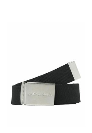 Ceinture en tissu noir tissé avec une boucle en métal argenté gravée de "JACK & JONES" et une extrémité en métal argenté.