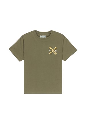 T-shirt verde oliva a maniche corte con collo tondo e piccoli segni incrociati beige con la scritta "Element Timber" sul lato sinistro del petto.