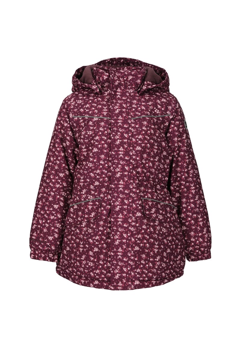 Burgundy jacka med blommönster och huva, som har två framfickor, åtsittande ärmar och silverfärgade dragkedjor längs fram och vid fickorna.