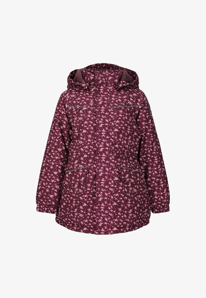 Veste à capuche à motif floral bourgogne, dotée de deux poches avant, de poignets ajustés et de fermetures éclair argentées sur le devant et les poches.