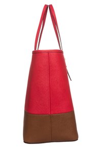 Růžová a hnědá texturovaná taška přes rameno s taperovaným tvarem, obsahující dvě ramenní ucha a hladkým povrchem na dně.