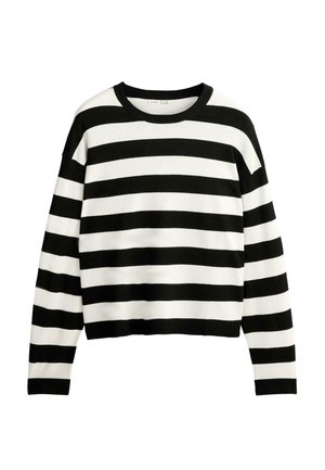 Pull à manches longues rayé horizontalement en noir et blanc, avec un col rond et des poignets et un ourlet côtelés.
