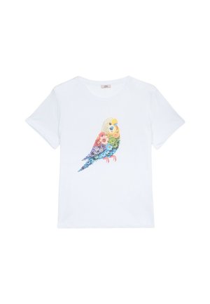 T-shirt bianco con un design di uccello colorato realizzato con paillette floreali in giallo, rosa, blu e verde. Maniche corte e scollo rotondo.
