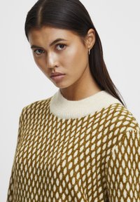Pull en tricot avec un col rond couleur crème et un motif texturé marron d'oméga allongés sur tout le corps.