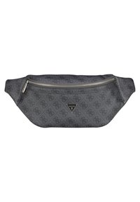 Ce sac banane à motifs gris arbore un logo métallique, une fermeture zippée et un design élégant. Conçu en tissu durable avec une texture lisse.
