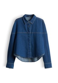 Donkerblauw denimoverhemd met een kraag, knopen aan de voorkant en lange mouwen. Voorzien van contrasterende stiksels en een cropped zoom.