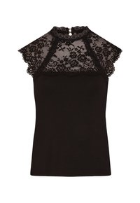 Top negro sin mangas con escote alto, adornado con encaje floral y bordes festoneados, espalda con abertura en forma de llavero y cierre de botón.