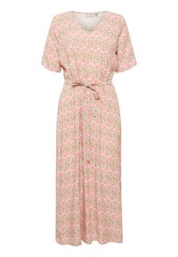 Robe à imprimé floral avec des manches courtes, décolleté en V et ceinture à la taille. Présente des motifs roses et verts sur un fond beige. Fabriquée en tissu léger.