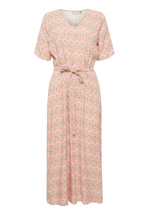 Haljina s cvjetnim uzorkom, kratkim rukavima, V-izrezom i remenom u struku. Sadrži ružičaste i zelene uzorke na bež pozadini. Izrađena od lagane tkanine.