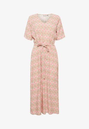 Robe à imprimé floral avec des manches courtes, décolleté en V et ceinture à la taille. Présente des motifs roses et verts sur un fond beige. Fabriquée en tissu léger.