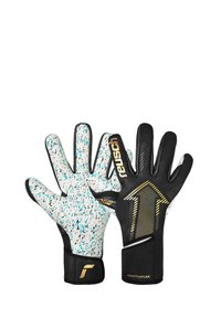 Gants de gardien noir et blanc avec un motif bleu émaillé ; dotés d'une prise texturée, d'un matériau flexible et d'accents dorés sur les doigts.