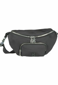 Marsupio in nylon nero con zip argentate, dotato di un compartimento principale e una tasca frontale impressa con la lettera "B". Cinghia regolabile inclusa.
