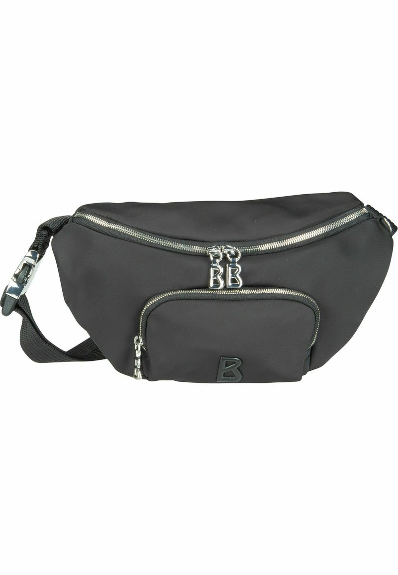 Marsupio in nylon nero con zip argentate, dotato di un compartimento principale e una tasca frontale impressa con la lettera "B". Cinghia regolabile inclusa.