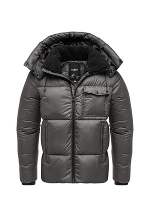 Graue Puffjacke mit abnehmbarem Kapuze, Reißverschluss vorne, fleecegefüttertem Kragen, Brusttasche und Seitentaschen, mit einem gesteppten Design.