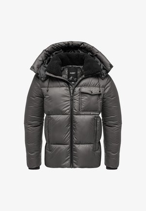 Grey puffer jacket with a detachable hood, zip front, fleece-lined collar, chest pocket, and side pockets, featuring a quilted design.