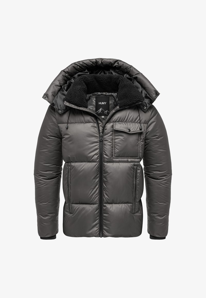 Graue Puffjacke mit abnehmbarem Kapuze, Reißverschluss vorne, fleecegefüttertem Kragen, Brusttasche und Seitentaschen, mit einem gesteppten Design.