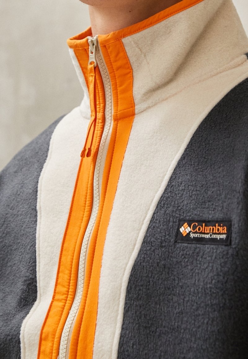 Lähellä otettu kuva henkilöstä, joka käyttää harmaata ja kermanväristä fleecetakki, jossa on oranssi vetskari ja Columbia Sportswear -logo rinnassa.