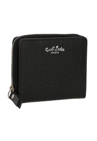 Black leather wallet with a crocodile texture. Features a silver zipper and white branding on the front. Compact rectangular shape.